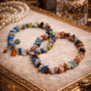 Vintage 1980s Natural Gemstone Chip Stretch Bracelets Two Piece Set